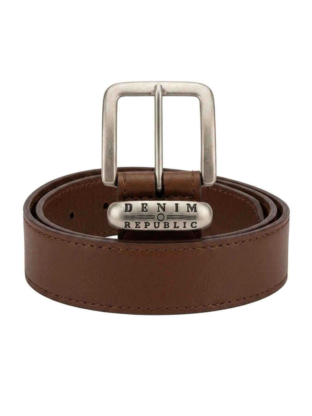 Denim Republic Men's Brown Leather Belt with Branded Metal Plaque